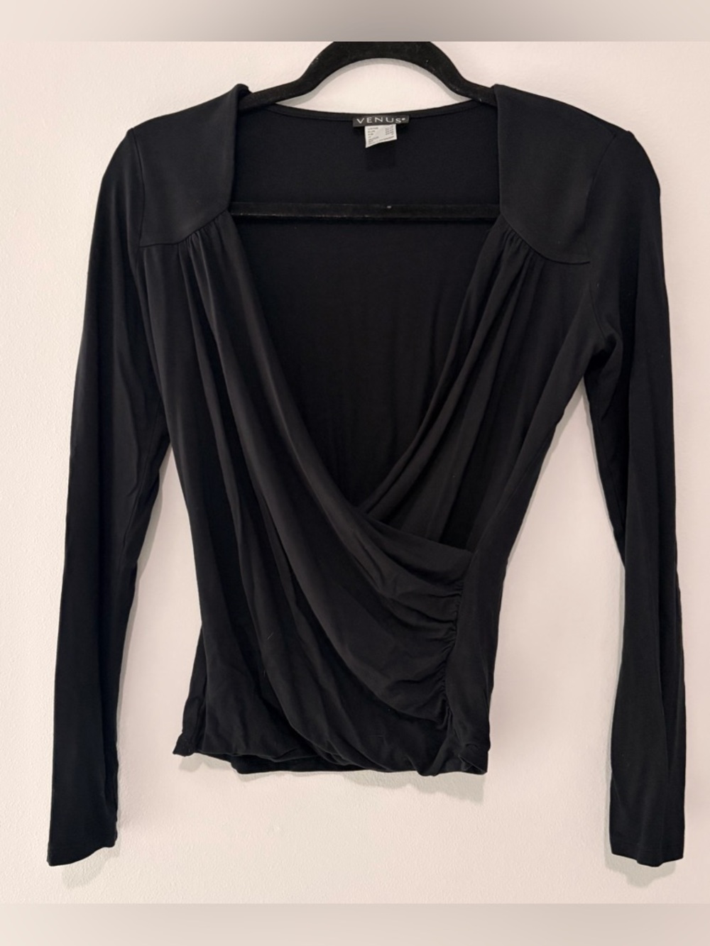 Venus Black Ruched Wrap Top | Size S | Flattering V-Neck Long Sleeve